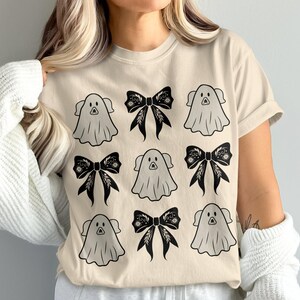 Ghost Dog and Bow T-Shirt, Cute Animal Tee, Spooky Season Shirt, Puppy Design Top, Halloween Costume Shirt, Dog Lover Gift T-Shirt