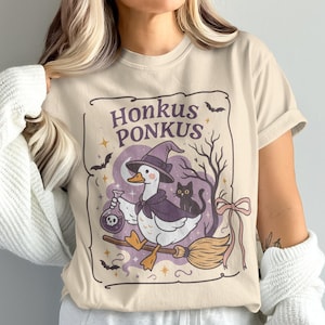 Koszulka Honkus Ponkus, wiedźma gęś, koszulka na Halloween, zabawna koszulka z gęsią, wzór kota, koszulka z upiornym sezonem, słodka koszulka z kreskówek