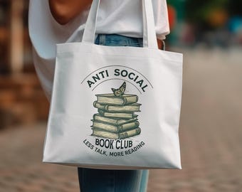 Anti Social Book Club Tote Bag, Literary Tote Bag, Funny Book Lover Gift, Book Reading Tote, Bookworm Tote Bag, Stack of Books Print
