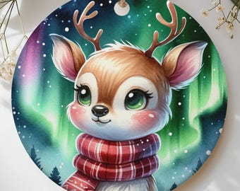 Northern Lights Reindeer Ornament, Cute Baby Deer Christmas Tree Decor, Watercolor Woodland Fawn Winter Holiday Gift, Cozy Scarf Decor