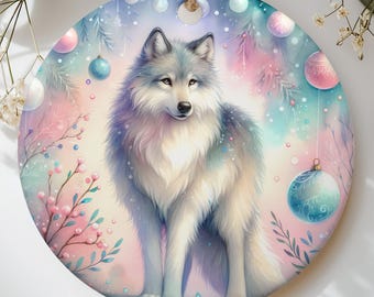 Pastel Wolf Christmas Ornament, Winter Wildlife Animal Holiday Decor, Whimsical Woodland Bauble Keepsake, Cute Wolf Lover Gift for Her