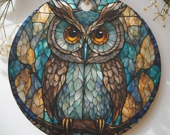 Stained Glass Owl Ornament, Faux Glass Mosaic Bird Christmas Tree Hanging Decor, Woodland Art Gift for Bird Watcher Nature Lover