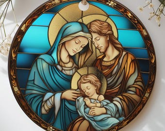 Nativity Scene Ornament Stained Glass Holy Family Christmas Tree Decor, Christian Religious Keepsake, Faux Gold Virgin Mary Baby Jesus Gift