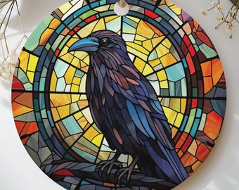 Stained Glass Raven Ornament, Gothic Crow Bird Decor, Dark Academia Tree Hanging, Faux Stained Glass Corvid Gift for Bird Watcher