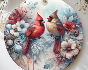 Cardinal Christmas Ornament, Winter Bird Tree Decor, Male and Female Cardinal Memorial Gift, Botanical Holiday Keepsake for Nature Lovers