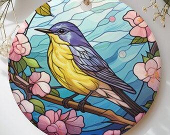 Stained Glass Bird Ornament, Cherry Blossom Floral Songbird Sun Catcher Style Tree Decor, Cottagecore Nature Lover Birdwatcher Holiday Gift