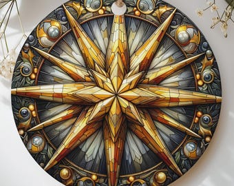 Stained Glass Star Ornament, Gold Compass Christmas Tree Decor, Celestial North Star Holiday Bauble, Gothic Sunburst Traveler Gift