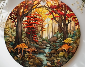 Stained Glass Autumn Forest Ornament, Fall Tree Woodland Creek Holiday Keepsake, Nature Lover Cottagecore Christmas Gift for Outdoor Lovers