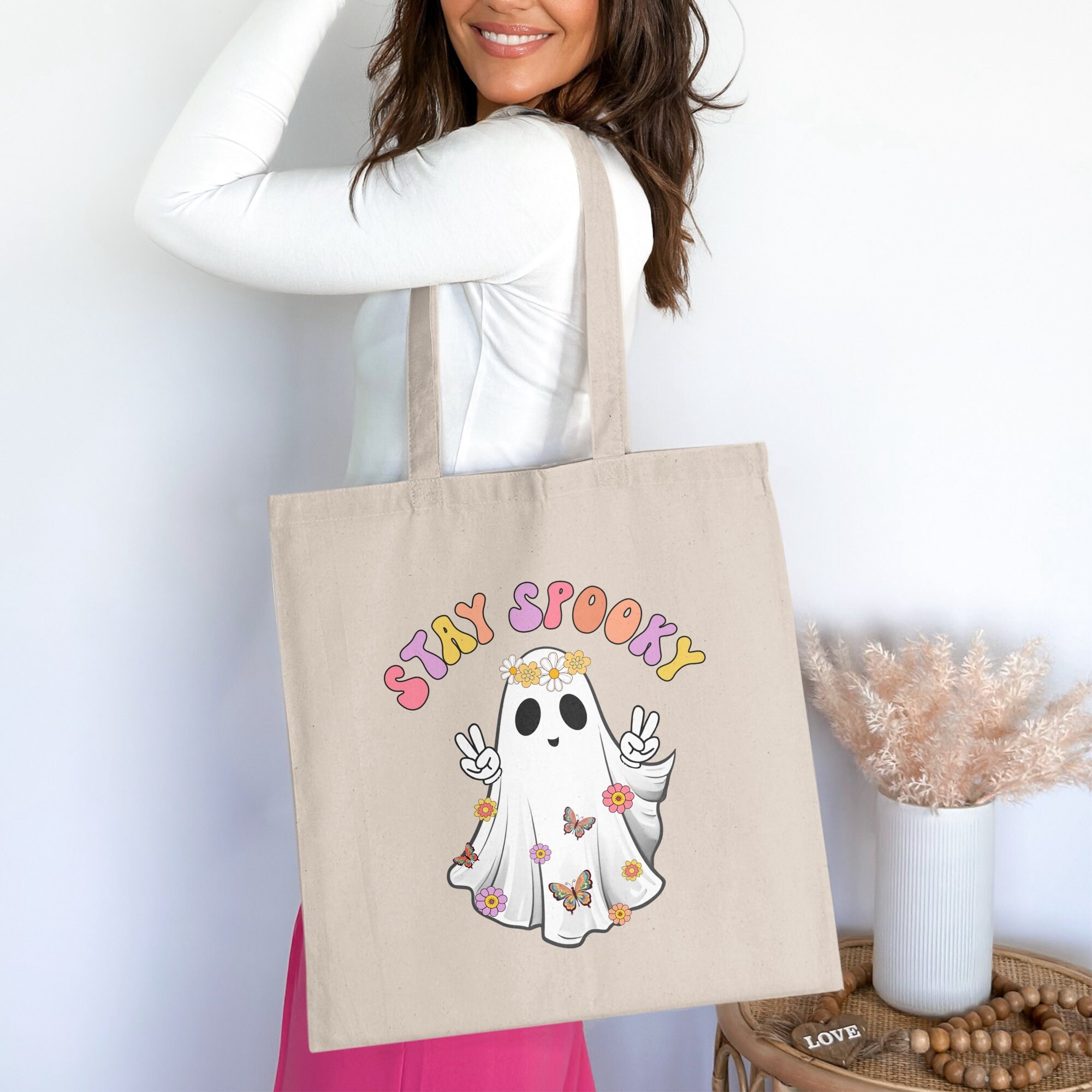 Stay Spooky Tote Bag, Ghost With Flowers and Butterflies, Cute