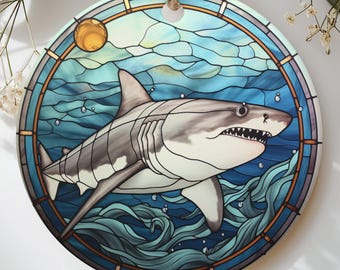 Faux Stained Glass Shark Ornament, Ocean Life Christmas Ornament, Coastal Beach House Decor, Great White Shark Holiday Gift for Diver
