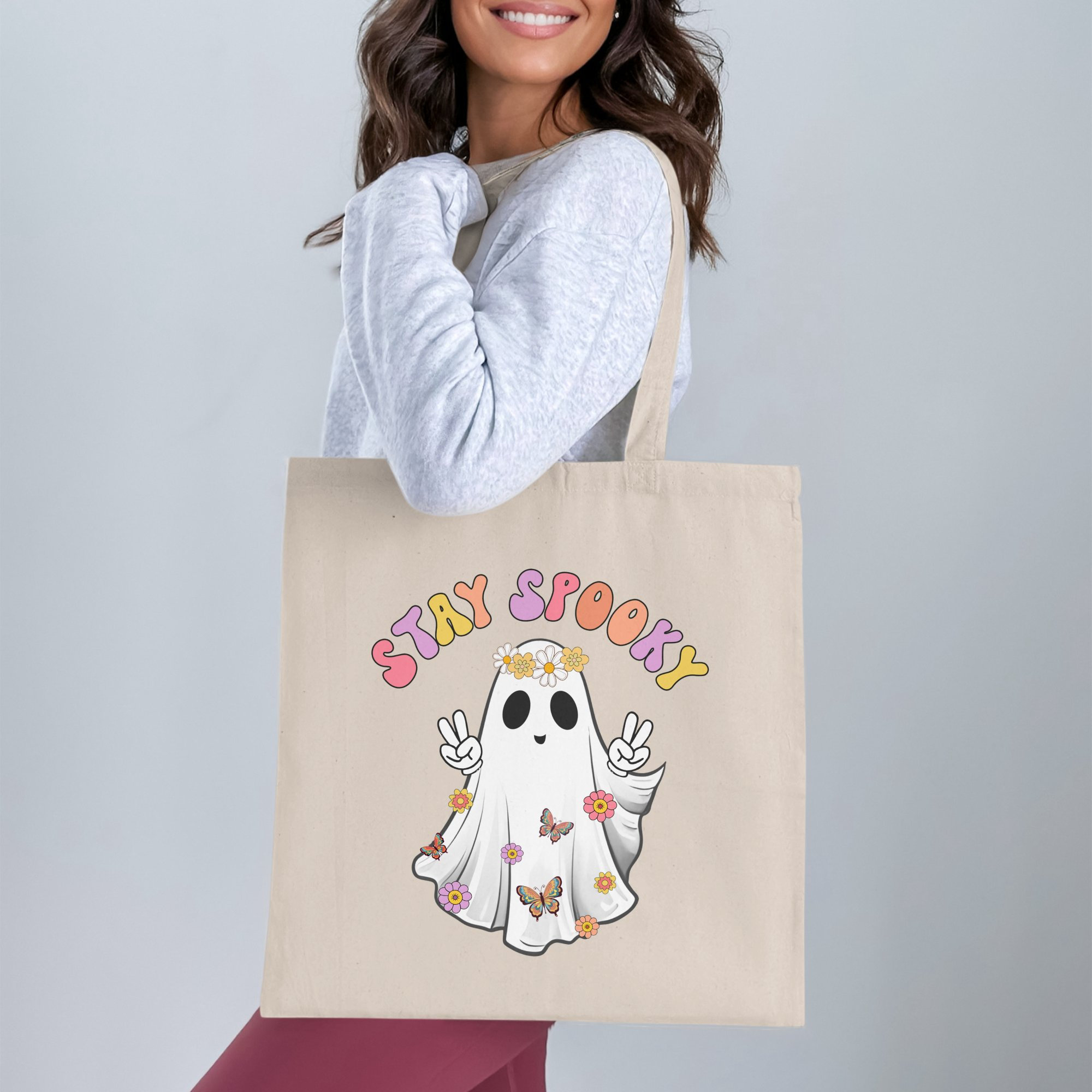 Stay Spooky Tote Bag, Ghost With Flowers and Butterflies, Cute