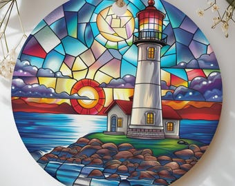 Stained Glass Lighthouse Ornament, Coastal Beach House Tree Decor, Nautical Ocean Sunset Suncatcher Keepsake Gift for Beach Lovers