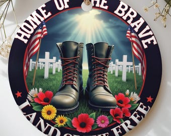 Home of the Brave Land of the Free Ornament, Military Boots American Flag Memorial Ornament, Patriotic Fallen Hero Gift