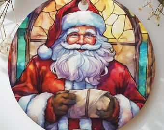 Stained Glass Santa Ornament, Vintage Christmas Tree Decor, Nostalgic Father Christmas Holiday Keepsake, Faux Stained Glass Xmas Gift