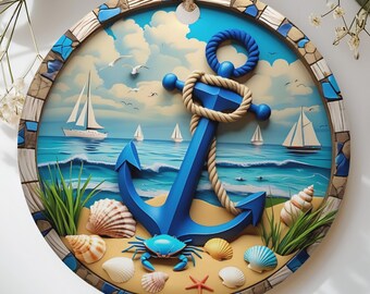 Nautical Anchor Beach Scene Ornament, Coastal Home Decor, Ocean Lover Gift, Summer Vacation Keepsake Decor