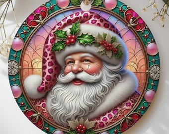 Whimsical Leopard Santa Stained Glass Ornament | Unique Christmas Tree Decor | Festive Holiday Gift for Maximalist Home
