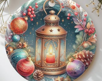 Vintage Christmas Lantern Ornament, Cozy Cottagecore Holiday Decor, Festive Winter Candle Wreath Keepsake, Traditional Xmas Tree Gift