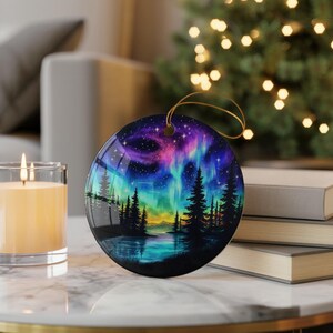 Northern Lights Tree and Lake Scene Ornament, Colorful Aurora Holiday Decoration, Vibrant Winter Nightscape Christmas Decor