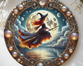 Witchy Decor Ornament, Flying Witch Full Moon Art, Celestial Magic Gothic Fantasy Wall Hanging, Mystical Pagan Gift