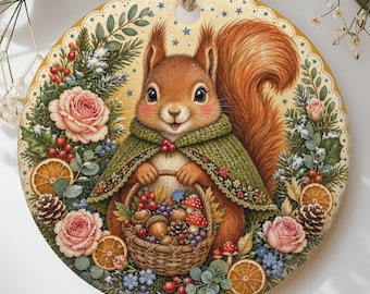 Cottagecore Squirrel Christmas Ornament, Woodland Animal Winter Decor Gift, Rustic Fall Holiday Tree Decorations