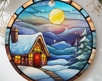 Stained Glass Winter Cabin Ornament, Cozy Christmas Cottage Holiday Decor, Rustic Mountain Landscape Tree Decor, Nature Lover Xmas Gift