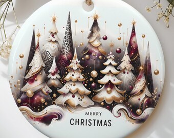 Burgundy Glam Christmas Tree Ornament, Elegant Leopard Print Xmas Holiday Decor, Modern Gold Glitter Effect Bauble, Chic Hostess Gift