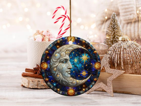 Celestial Moon Ornament, Stained Glass Style, Cosmic Decor, Night