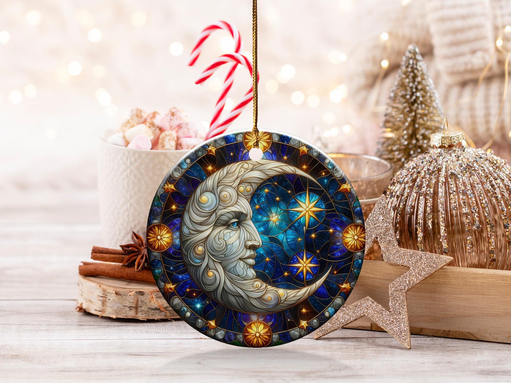 Celestial Moon Ornament, Stained Glass Style, Cosmic Decor, Night