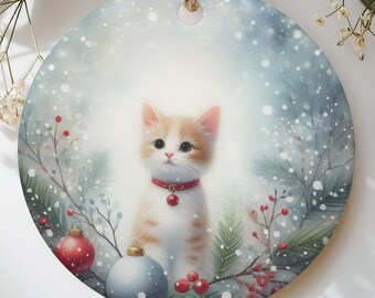 Cute Cat Christmas Ornament, Orange Kitten Holiday Tree Decor, Winter Wonderland Cat Mom Gift, Whimsical Pet Lover Keepsake Bauble