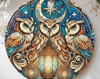 Celestial Owl Ornament, Art Nouveau Stained Glass Night Sky Bauble, Mystical Crescent Moon Lantern Decor, Witchy Bird Lover Holiday Gift