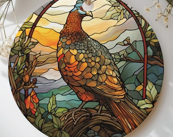 Stained Glass Pheasant Ornament, Rustic Bird Holiday Decor, Woodland Wildlife Bird Lover Gift, Faux Stained Glass Cabin Christmas Tree Decor