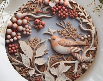 Bird Wood Carving Ornament, Faux 3D Woodland Robin Christmas Bauble, Rustic Cottagecore Tree Decor, Nature Lover Gift for Bird Watcher