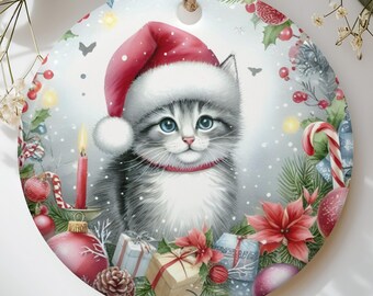 Christmas Kitten Ornament, Cute Cat Lover Gift, Vintage Holiday Santa Cat Decor, Fluffy Kitty Tree Bauble, Pet Stocking Stuffer Keepsake