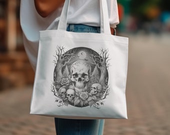 Draagtas Skull and Roses, draagtas gotische schedelkunst, draagtas horrorthema, draagtas Halloween-schedel, schedels spookachtig bos, griezelige draagtas