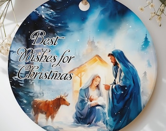 Nativity Scene Christmas Ornament, Watercolor Holy Family Best Wishes Xmas Decor, Traditional Religious Faith Holiday Keepsake Gift