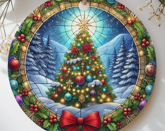 Stained Glass Christmas Tree Ornament | Festive Holiday Decor | Winter Wonderland Art | Faux Stained Glass Xmas Gift