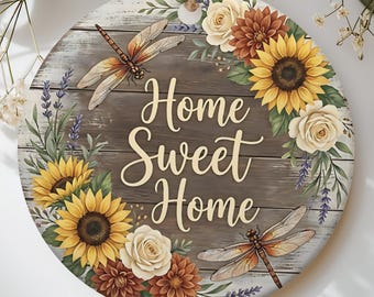 Home Sweet Home Ornament, Rustic Farmhouse Decor, Sunflower Dragonfly Wood Effect Round Sign, New Housewarming Gift, Floral Wall Art