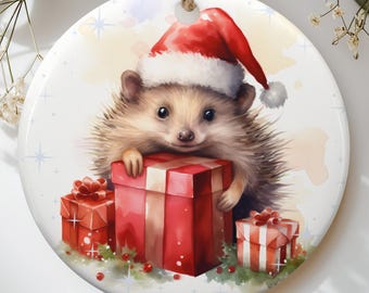 Hedgehog Christmas Ornament, Cute Woodland Animal Holiday Tree Decor, Watercolor Santa Hat Gift Ornament, Festive Stocking Stuffer Gift