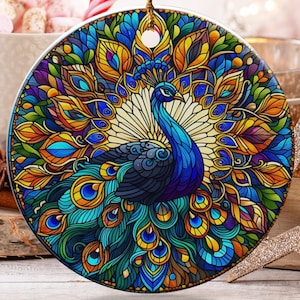 Peacock Ornament, Bird Art, Colorful Peacock Design, Home Decor, Peacock Lover Gift, Circular Art Ornament, Holiday gift idea, Xmas gift