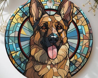 German Shepherd Ornament, Stained Glass Style Dog Memorial Suncatcher Gift, Dog Mom Christmas Tree Decor, GSD Pet Lover Holiday Gift
