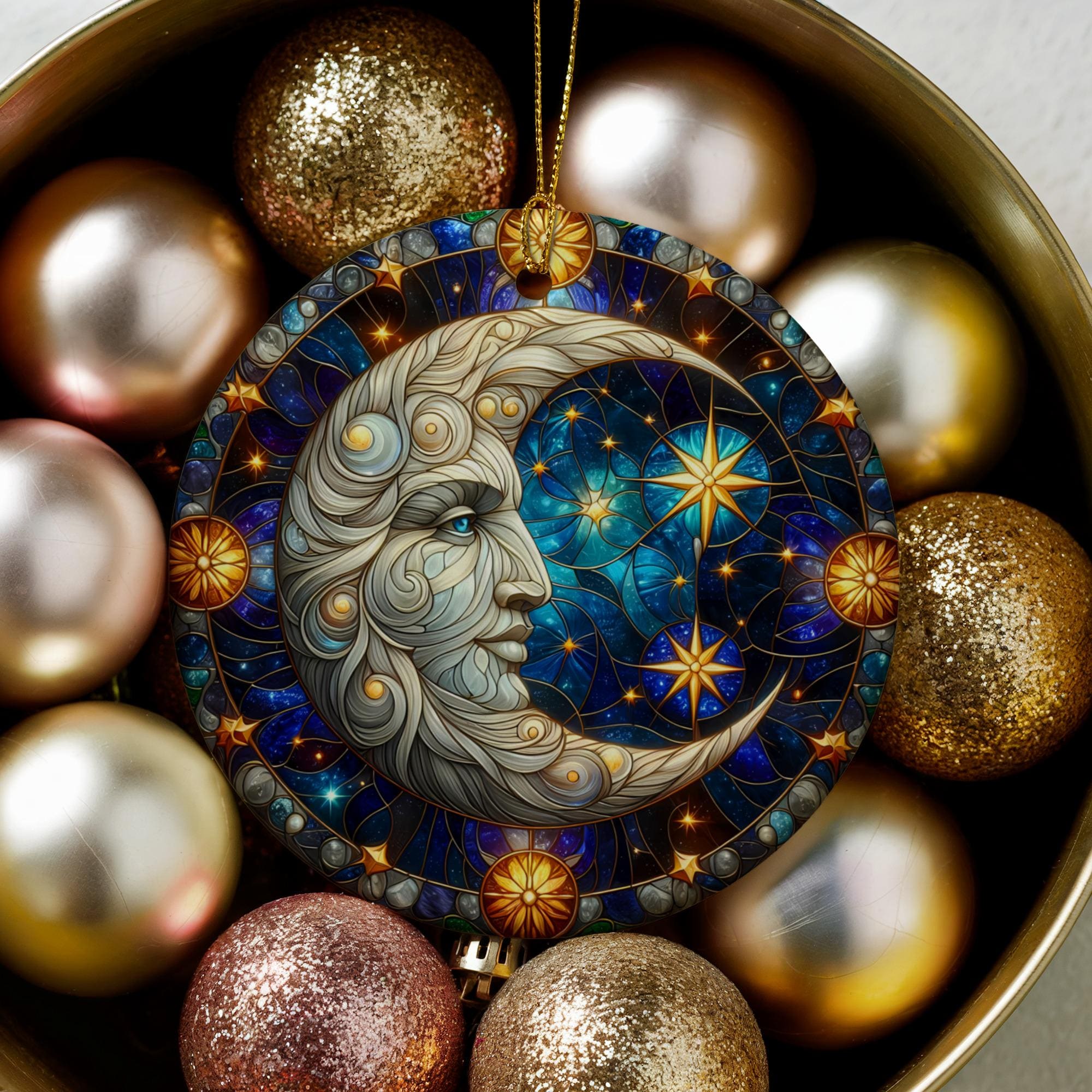 Celestial Moon Ornament, Stained Glass Style, Cosmic Decor, Night