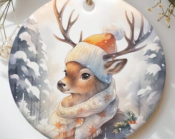 Cute Deer Christmas Ornament, Cozy Woodland Reindeer Holiday Keepsake, Winter Forest Animal Tree Decor, Rustic Cottagecore Gift
