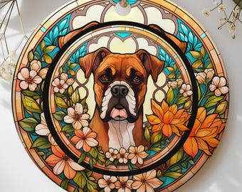Boxer Dog Stained Glass Ornament, Faux Glass Suncatcher Floral Pet Memorial Keepsake, Boxer Dog Mom Gift, Holiday Christmas Tree Decor
