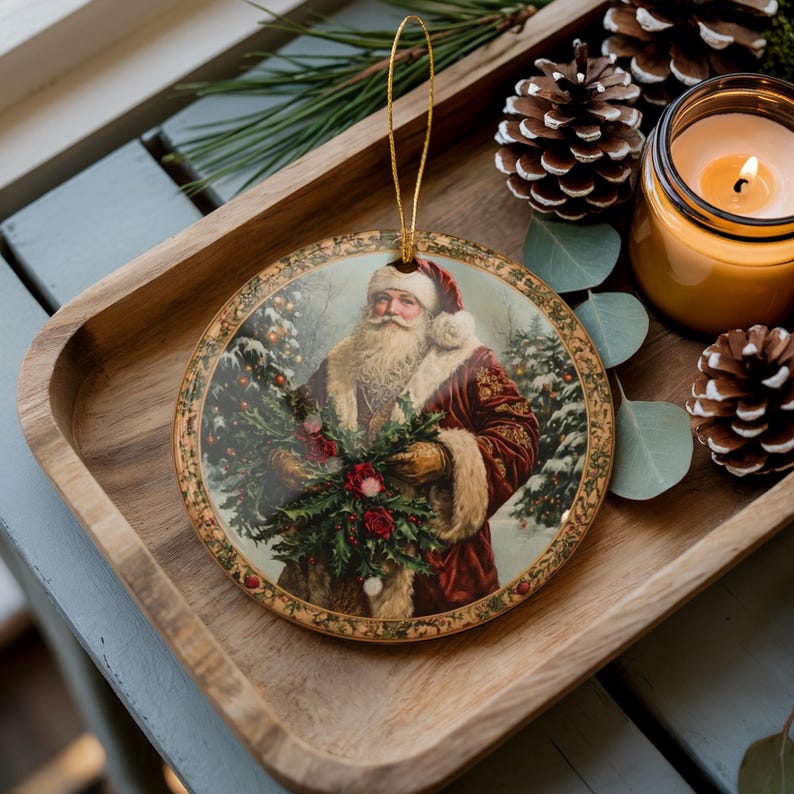 Vintage Santa Claus Christmas Ornament, Classic Holiday Decoration, Santa Holding Wreath, Christmas Tree Ornament, Festive Decor