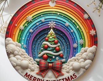 Rainbow Christmas Tree Ornament | Festive Holiday Decor | Colorful Xmas Gift | Whimsical Snowflakes & Plaid Bow Home Accent