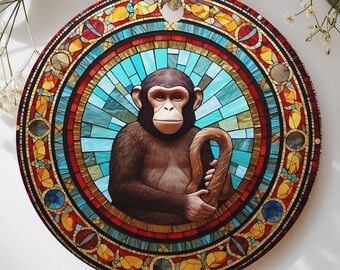 Stained Glass Chimpanzee Ornament, Faux Glass Monkey Holiday Decor, Primate Animal Lover Gift, Boho Mosaic Christmas Tree Ornament