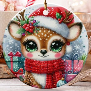 Cute Reindeer Ornament, Christmas Ornament, Holiday Decor, Festive Deer, Santa Hat Ornament, Gift Idea, Animal Ornament, Winter Ornament