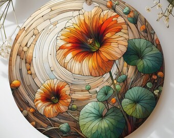 Nasturtium Flower Ornament, Botanical Wood Cut Floral Art Christmas Keepsake, Cottagecore Plant Lover Gift, Rustic Nature Garden Decor