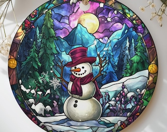 Snowman Stained Glass Ornament, Winter Mountain Christmas Ornament, Rustic Holiday Tree Decor, Whimsical Snow Scene Holiday Gift