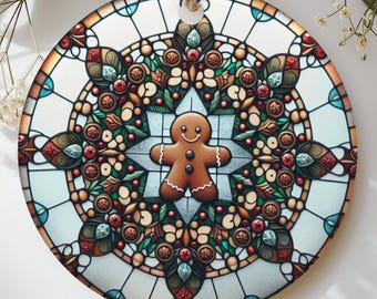 Stained Glass Gingerbread Ornament, Faux Glass Holiday Suncatcher Tree Decor, Vintage Christmas Gingerbread Man Ornament Gift for Baker